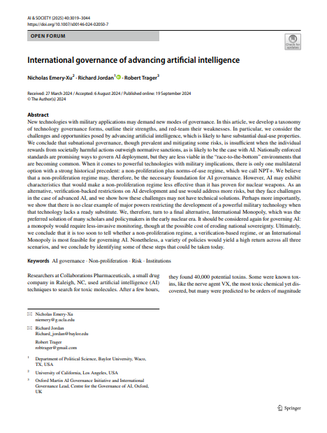 Image for International governance of advancing artificial intelligence
